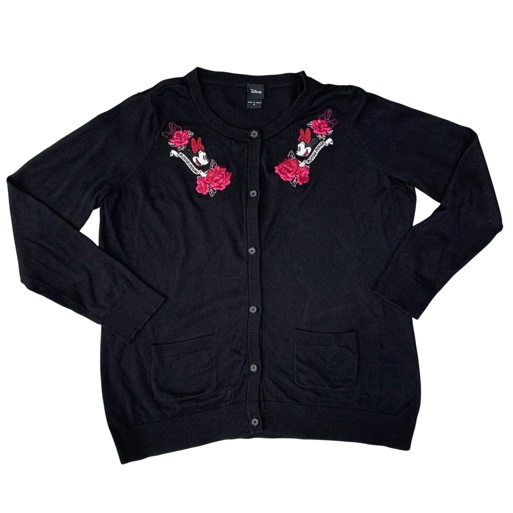 Disney Minnie Mouse Rose Embroidered Cardigan Sweater Black‎ Womens